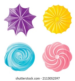 Collection of appetizing cute colorful meringues in flat style top view