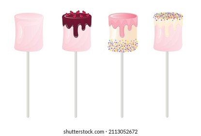 Collection of appetizing cute marshmallows on sticks in chocolate icing and sprinkles in flat style