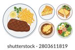 A collection of appetizing meals including a grilled steak with french fries, quiche, sandwich, french onion soup, and a salad.