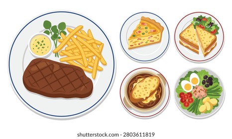 A collection of appetizing meals including a grilled steak with french fries, quiche, sandwich, french onion soup, and a salad.