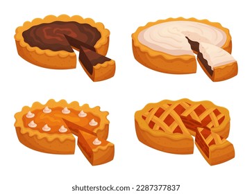 Collection Of Appetizing Pies With Different Filling and Cut Slices. Image Is Ideal For Promoting Pastry Shops, Cafes, And Restaurants On Menus Or Advertising Materials. Cartoon Vector Illustration