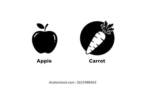 A collection of apple and carrot black silhouettes, healthy food