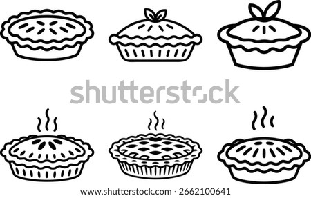 Collection of apple pie line art vectors with steam and crust detail. Perfect for food packaging, bakery menus, recipe books, and cafe branding.