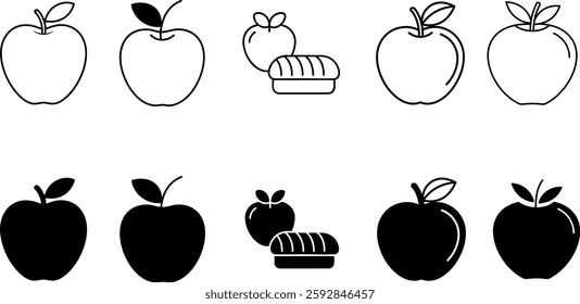 A collection of apple vector icons in both outline and silhouette styles. The design includes black and white apple illustrations, a small apple with a bread icon, and various artistic representations