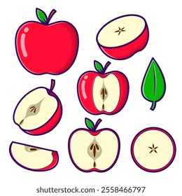 Collection of apples, whole red apples, halved and sliced ​​in various positions. Great for use in your learning assets and assignment presentations.