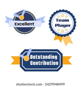 Collection of appreciation badges with ribbons. Vector illustration set. Team player, outstanding contribution, excellent inscriptions. Prize, trophy, appreciation concept - Powered by Shutterstock - Get 15% off with code: PIKWIZARD15