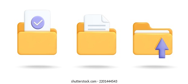 Collection of approved, downloaded computer file folder symbols  design. Folder with paper sheets,  check mark, upload and download arrow symbol isolated on white background. Digital file organization