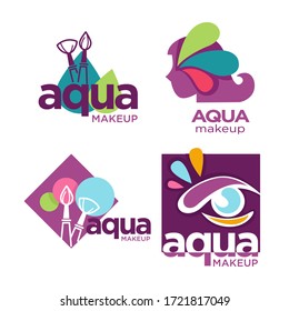 Colección de maquillaje acuático, conjunto aislado de lotipos para salones de belleza o empresas de cosméticos o distribuidores. Nombre de la marca en carteles con cuidado de cabello y piel para mujeres, vectorial en estilo plano