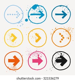 Collection of aquarelle arrows and direction marks with splatters and splashes all around. Vector graphics.