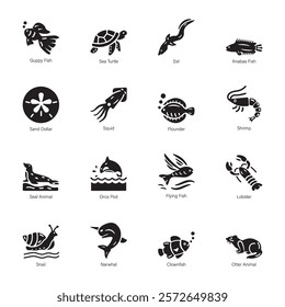 Collection of Aquatic Animals Glyph Icons 

