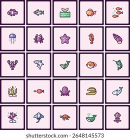 Collection of aquatic life icons, assorted marine animals, sea creatures, fish set