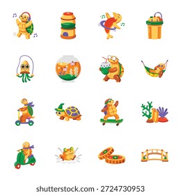 Collection of Aquatic Pets Flat Style Icons 
