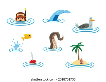 Collection of aquatic vector icons, with different elements like a diver,  a seagull, the tail of a whale, a jumping fish, etc.