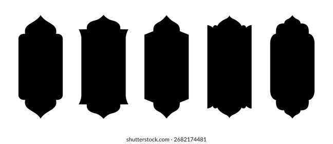 Coleção de quadros árabes islâmicos. Janelas ou arabeses orientais para decoração árabe. Conjunto de formas de silhueta kareem Ramadã. design de vetor de banner geométrico muçulmano