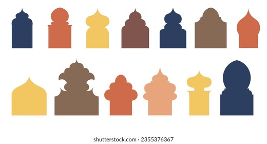 Collection of arabian oriental windows, arches and doors. Modern design for frames, patterns, backgrounds. Mosque dome and lanterns Islamic ramadan kareem and eid mubarak style. Vector illustration.