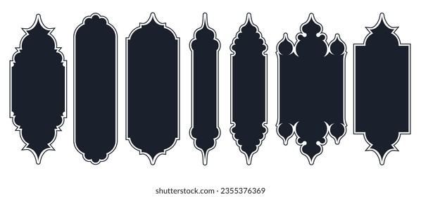 Collection of arabian oriental windows, arches and doors Modern design isolated in black for frames, patterns. Mosque dome and lanterns Islamic ramadan kareem and eid mubarak style Vector illustration