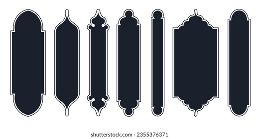 Colección de ventanas orientales arabias, arcos y puertas Diseño moderno aislado en negro para marcos, patrones. Domo de mezquita y faroles Estilo islámico ramadan kareem y eid mubarak Ilustración vectorial