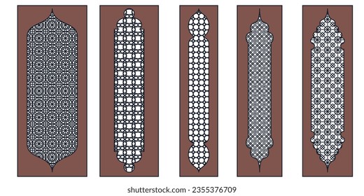 Collection of arabian oriental windows, arches and doors. Laser cut grill. Modern design in black fo frames Mosque dome and lanterns Islamic ramadan kareem and eid mubarak style. Vector illustration.