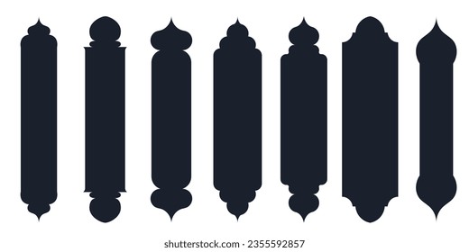 Colección de ventanas orientales arabias, arcos y puertas Diseño moderno aislado en negro para marcos, patrones. Domo de mezquita y faroles Estilo islámico ramadan kareem y eid mubarak Ilustración vectorial