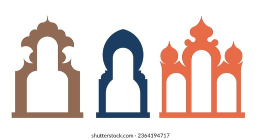 Collection of arabian oriental windows, arches, mirror, door Modern design for frames, patterns, backgrounds. Mosque dome and lanterns Islamic ramadan kareem and eid mubarak style Vector illustration.