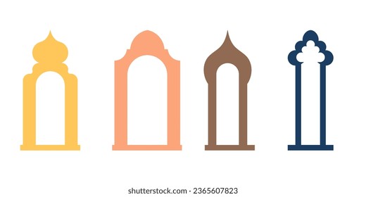 Collection of arabian oriental windows, arches, mirror, door Modern design for frames, patterns, backgrounds. Mosque dome and lanterns Islamic ramadan kareem and eid mubarak style Vector illustration.