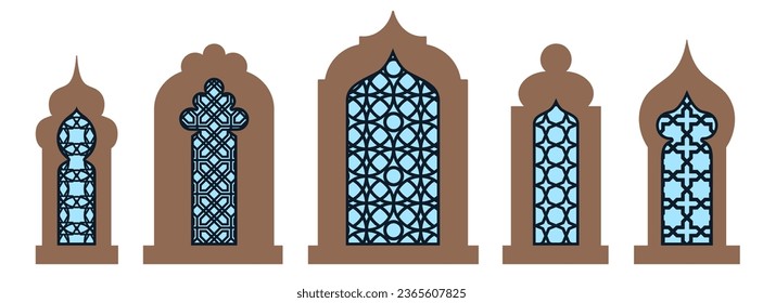 Collection of arabian oriental windows, arches and doors. Laser cut grill. Modern design in black fo frames Mosque dome and lanterns Islamic ramadan kareem and eid mubarak style. Vector illustration.