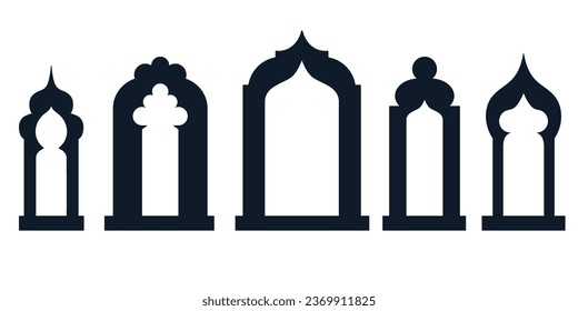 Collection of arabian oriental windows, arches, mirror, door Modern design for frames, patterns, backgrounds. Mosque dome and lanterns Islamic ramadan kareem and eid mubarak style Vector illustration.