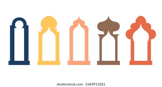 Collection of arabian oriental windows, arches, mirror, door Modern design for frames, patterns, backgrounds. Mosque dome and lanterns Islamic ramadan kareem and eid mubarak style Vector illustration.