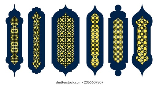 Collection of arabian oriental windows. Laser cut grill. Modern design in black fo frames Mosque dome and lanterns Islamic ramadan kareem and eid mubarak style. Vector illustration.