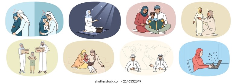 Collection Of Arabian People In Traditional Clothes Daily Life. Set Of Arabic Men And Women Show Cultural And Natural Diversity. Muslim Ethnicity And Islam Religion. Vector Illustration. 