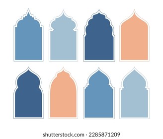 Collection Arabic arch window and doors different shapes for mosque, muslim and islamic architecture. Ramadan and eid mubarak Vector illustration isolated on white background.