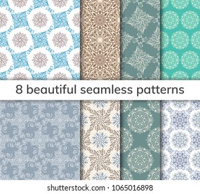 Collection arabic, indian, japanese, islamic motifs. Set of 8 patterns. Mandala seamless pattern. Ethnic bohemian background. Wrapping and scrapbook paper. Abstract flower. Vector illustration