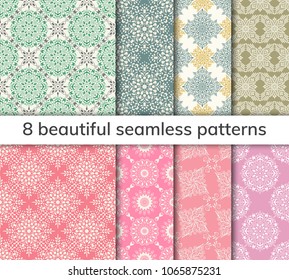 Collection arabic, indian, japanese, islamic motifs. Set of 8 patterns. Mandala seamless pattern. Ethnic bohemian background. Wrapping and scrapbook paper. Abstract flower. Vector illustration