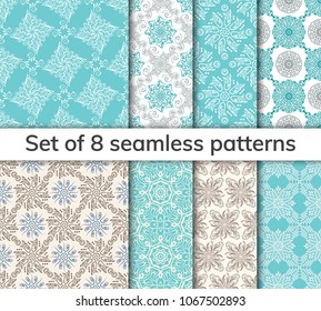 Collection arabic, indian, japanese, islamic motifs. Set of 8 patterns. Mandala seamless pattern. Ethnic bohemian background. Wrapping and scrapbook paper. Abstract flower. Vector illustration