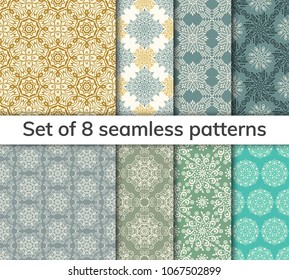 Collection arabic, indian, japanese, islamic motifs. Set of 8 patterns. Mandala seamless pattern. Ethnic bohemian background. Wrapping and scrapbook paper. Abstract flower. Vector illustration