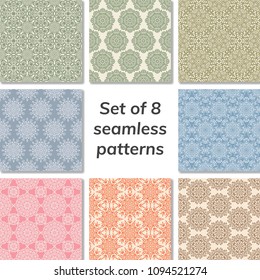 Collection arabic, indian, japanese, islamic motifs. Set of 8 patterns. Mandala seamless pattern. Ethnic bohemian background. Wrapping and scrapbook paper. Abstract flower. Vector illustration