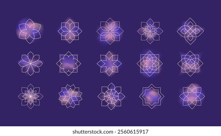 Collection of Arabic oriental floral vector design elements with purple color gradient. Traditional arabesque icons, ornaments and patterns. Abstract flower symbols and logos in ornamental Islamic