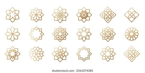 Collection of Arabic oriental floral vector design elements. Traditional golden arabesque icons, ornaments and patterns. Abstract flower symbols and logos in ornamental Islamic style.