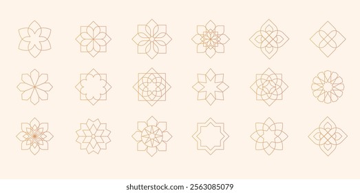 Collection of Arabic oriental floral vector design elements. Traditional golden arabesque icons, ornaments and patterns. Abstract flower symbols and logos in ornamental Islamic style.