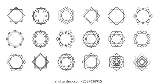 Collection of Arabic oriental floral vector design elements. Traditional golden arabesque icons, ornaments and patterns. Abstract flower symbols and logos in ornamental Islamic style.
