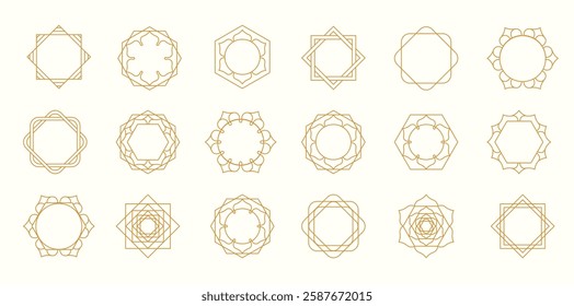 Collection of Arabic oriental floral vector design elements. Traditional golden arabesque icons, ornaments and patterns. Abstract flower symbols and logos in ornamental Islamic style.