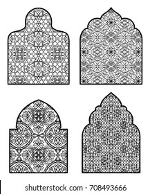 Collection of arabic windows with traditional islamic ornament. Design concept for greeting card, banner, poster, print. Vector illustration