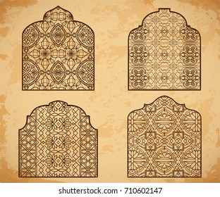 Collection of arabic windows with traditional islamic ornament. Design concept for greeting card, banner, poster, print. Vector illustration