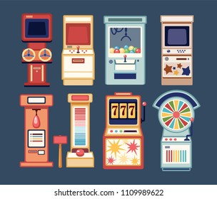 Collection of arcade video games, coin-ops and casino gambling slot machines isolated on grey background. Bundle of devices for entertainment. Colorful vector illustration in flat cartoon style