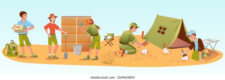A collection of archaeologists with objects excavating historical artifacts from archaeological sites, studying rock paintings, digging the ground. Colorful vector illustration in a flat cartoon style