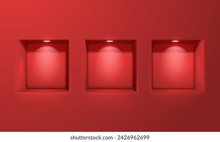 Colección de nichos arqueados con iluminación sobre fondo rojo. Ilustración vectorial.