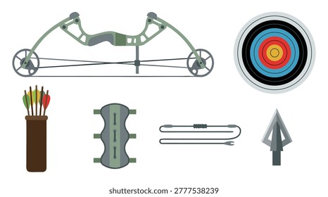 A collection of archery equipment including a bow, arrows, quiver, arm guard, string, target, and broadhead.