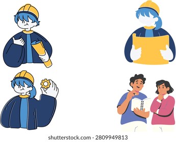 Collection of architect and engineer vector icons holding paper rolls and cogwheels. Professional building staff and students studying together for project work.