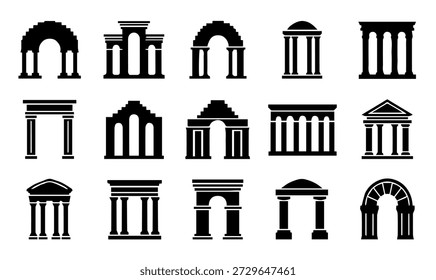 Coleção de Silhuetas de Arcos e Colunas Arquitetônicas, Elementos Vetoriais para Desenhos Clássicos e Históricos