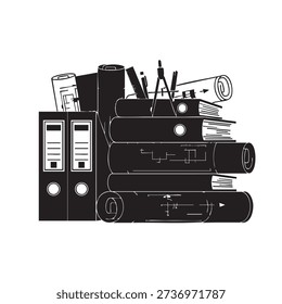 Collection of architectural blueprints, engineering books, binders, and drawing tools. Symbolizes design, planning, creativity, and construction projects. Ideal for architecture, engineering, and education themes.